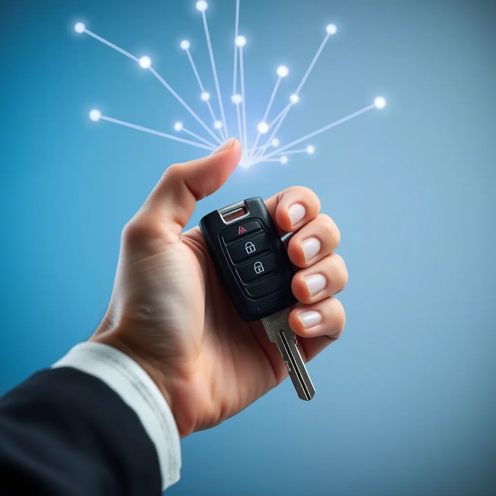 Main tenant une clé de voiture avec des connexions digitales symbolisant les leads qualifiés